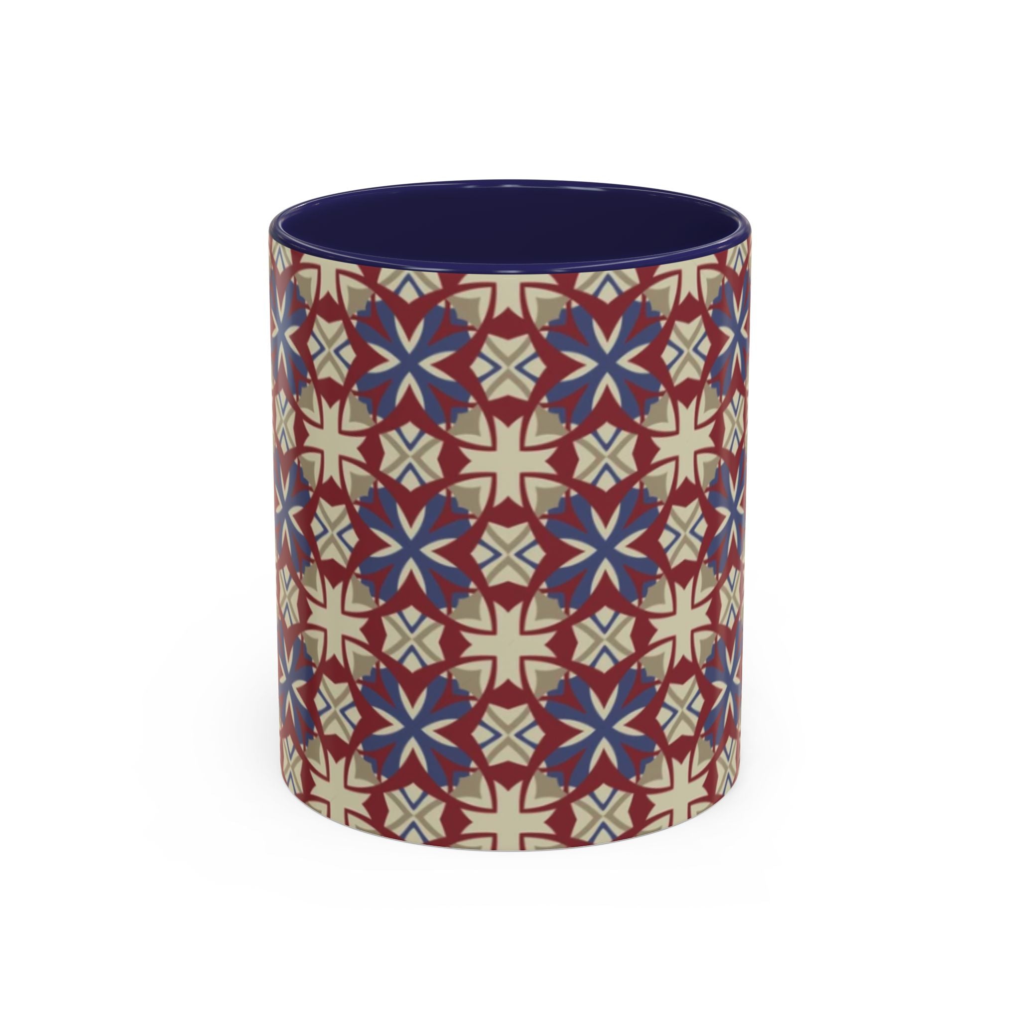 Ceramic Coffee Mug — Subtle Tile Pattern, Colored Handle & Interior (11/15 oz)