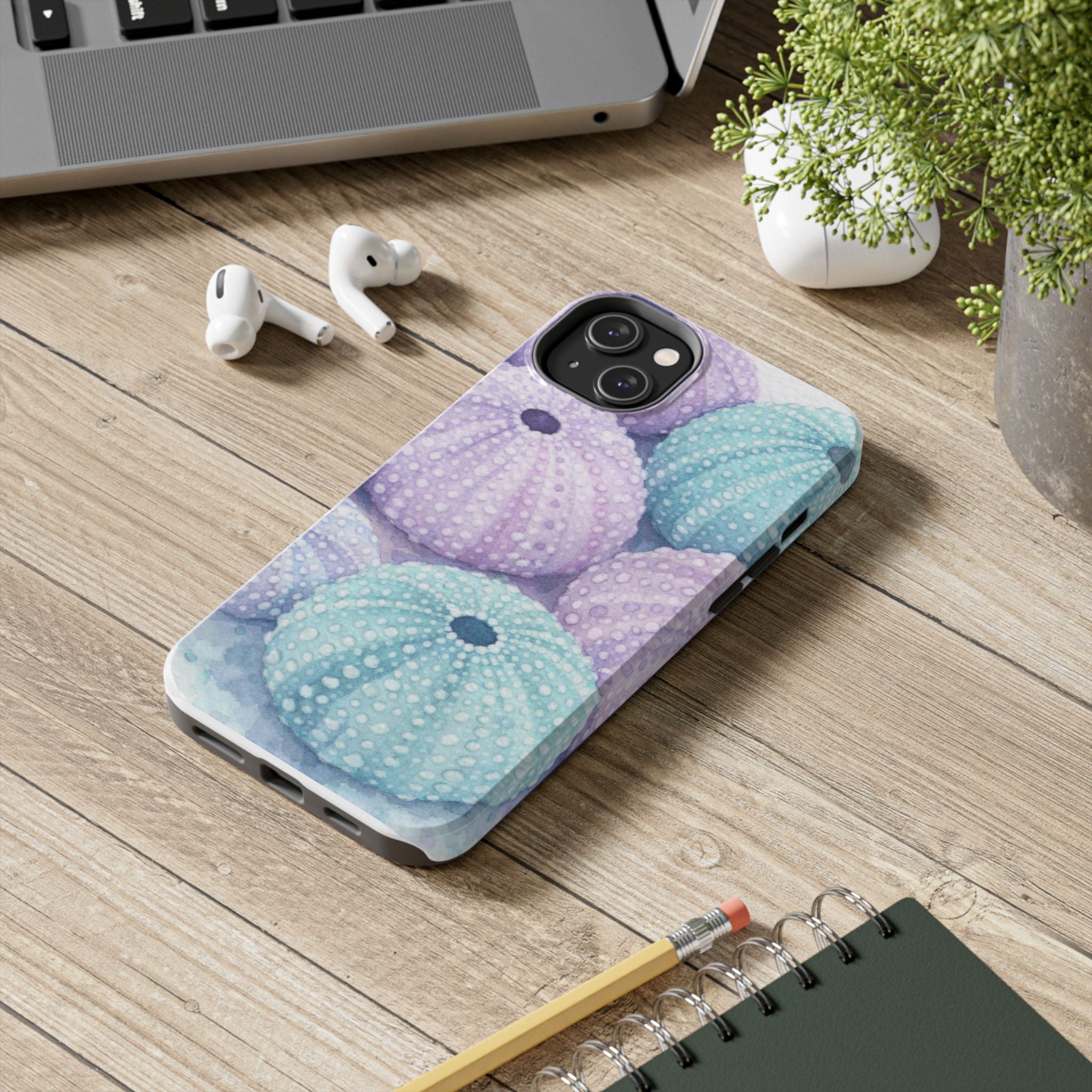 Sea Urchin Pattern Tough Phone Case — Pastel Aqua & Lavender Coastal Design