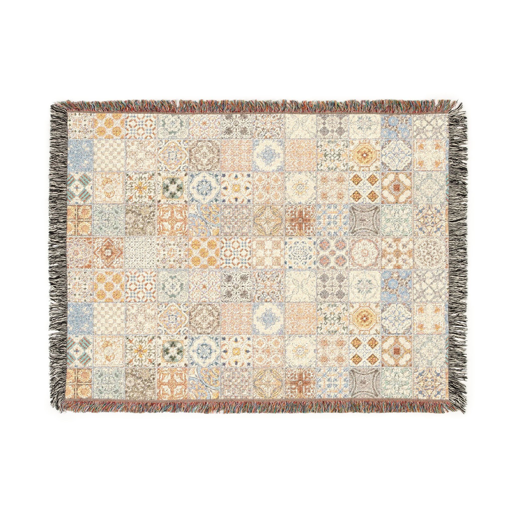 Maltese Tile Woven Throw Blanket | Reversible Cotton Patchwork Blanket with Fringe | Neutral Boho Mediterranean Home Decor