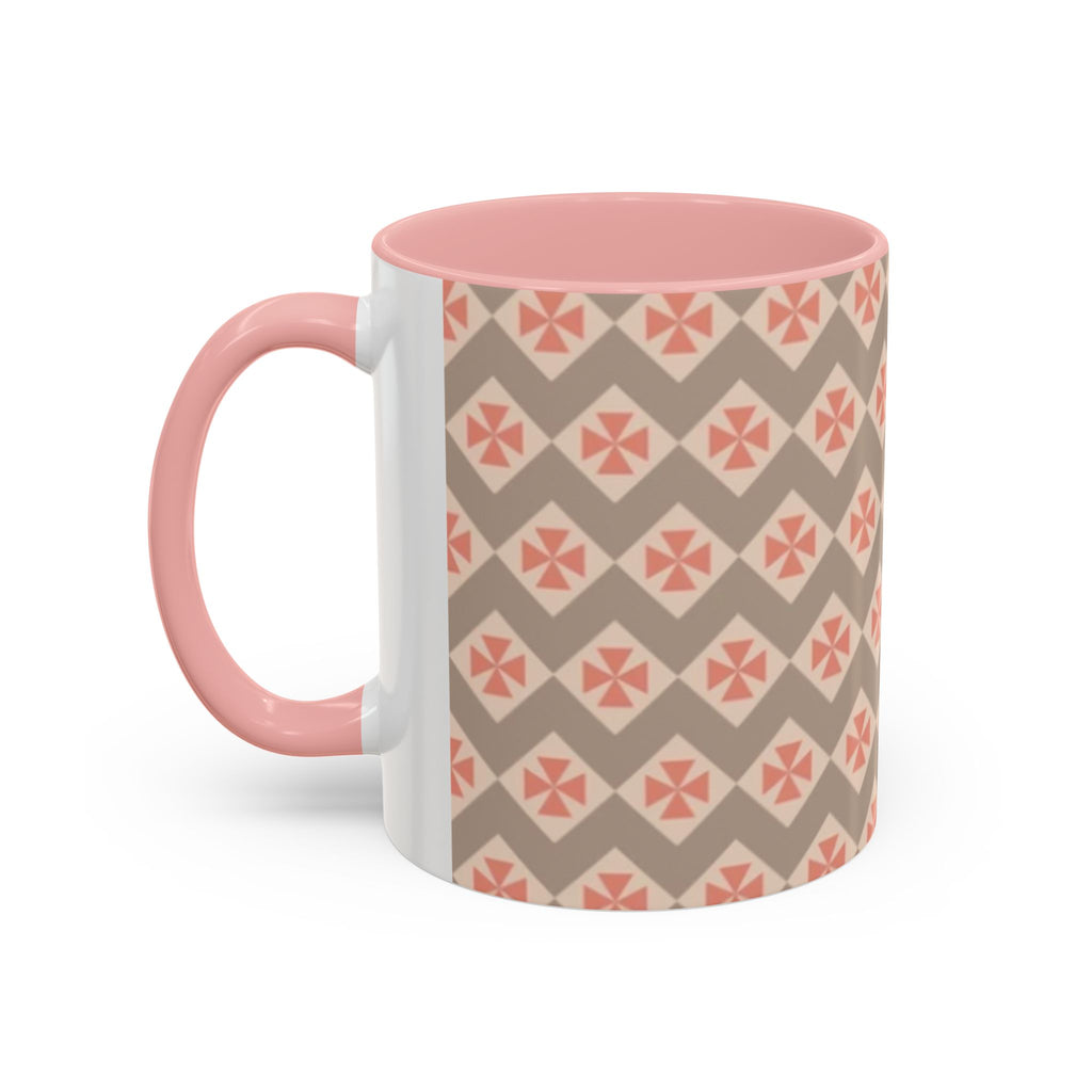 Ceramic Coffee Mug — Subtle Tile Pattern, Pink Handle & Interior (11/15 oz)