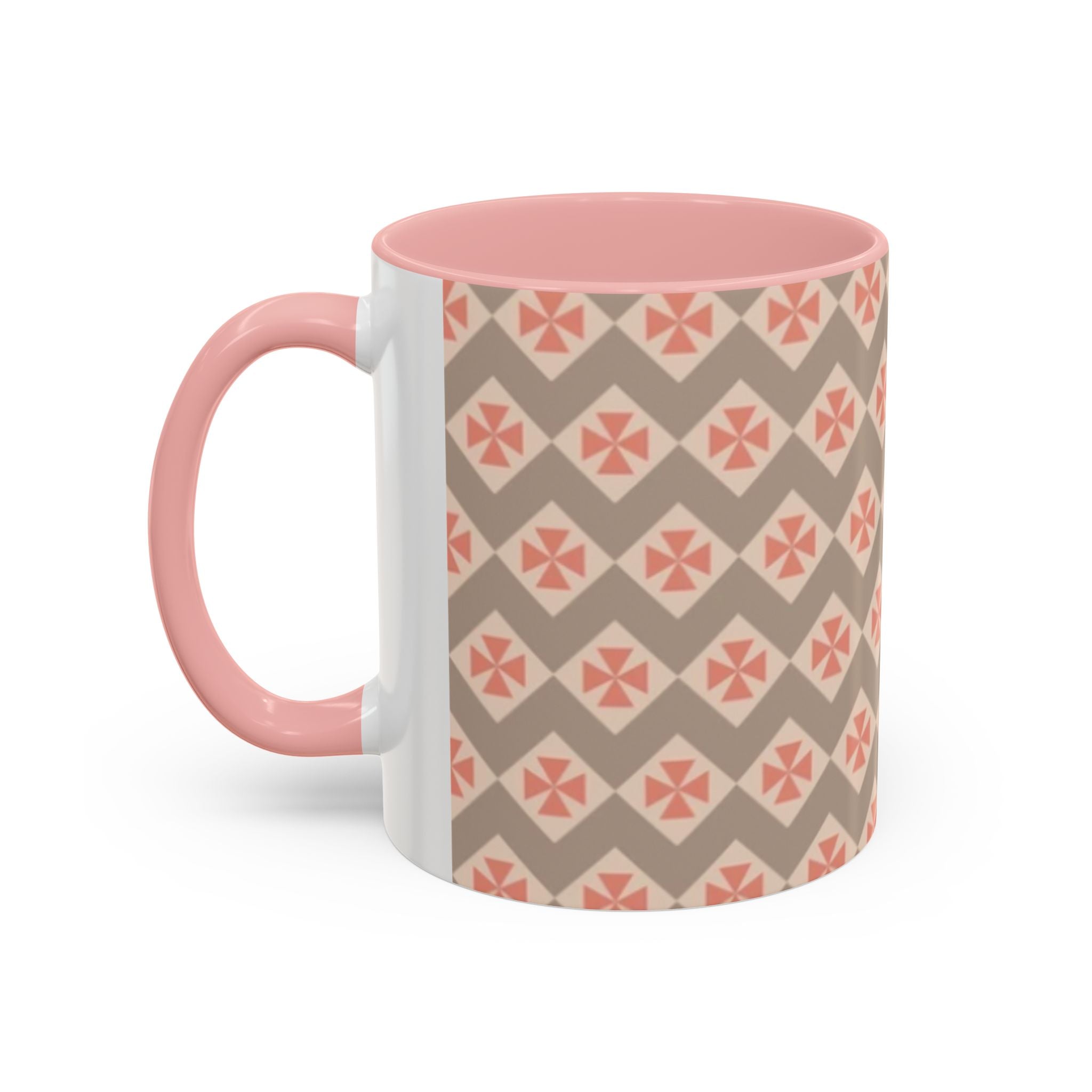 Ceramic Coffee Mug — Subtle Tile Pattern, Pink Handle & Interior (11/15 oz)