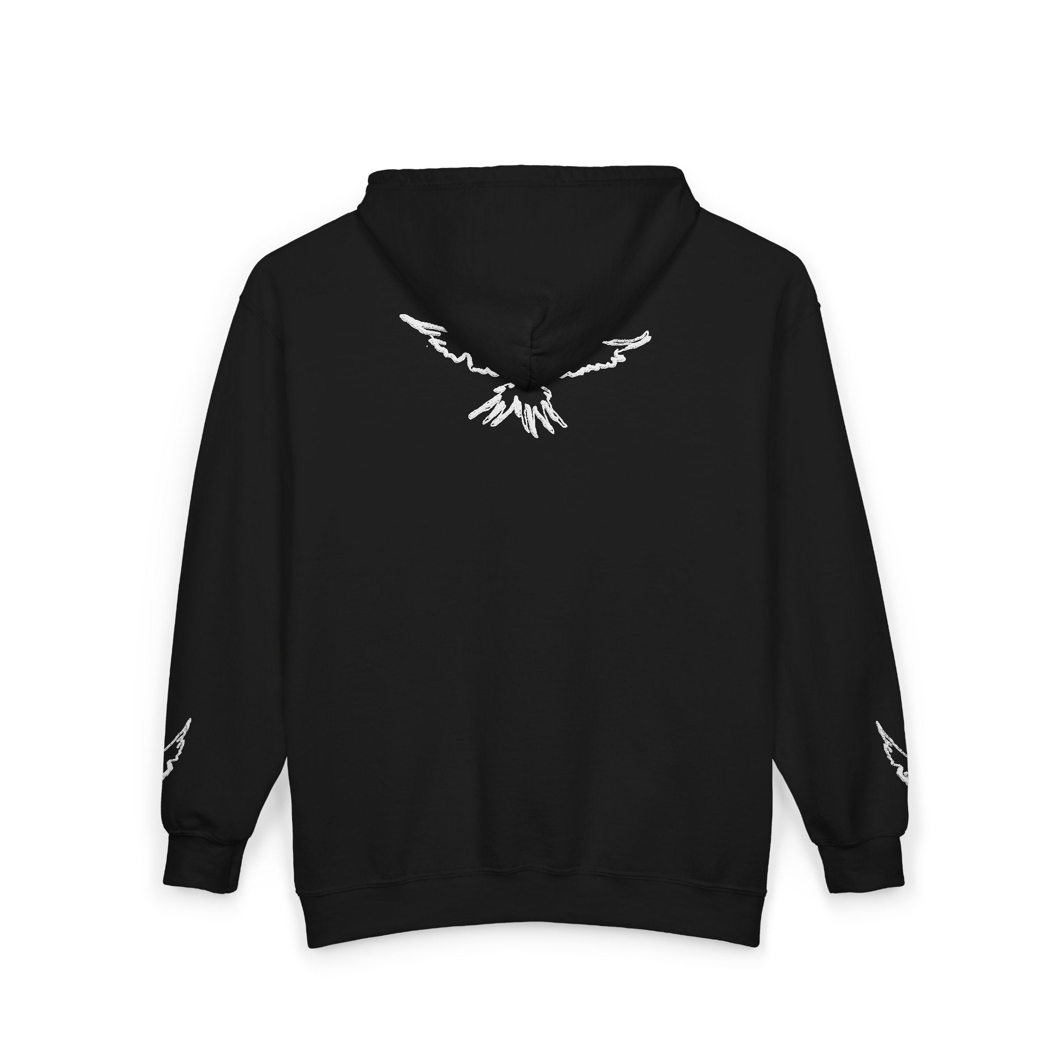 Custom “Free Born” Zip Hoodie – Cockatiel Back Graphic, Wing Embroidered Sleeves, Personalized Birth Month & Year