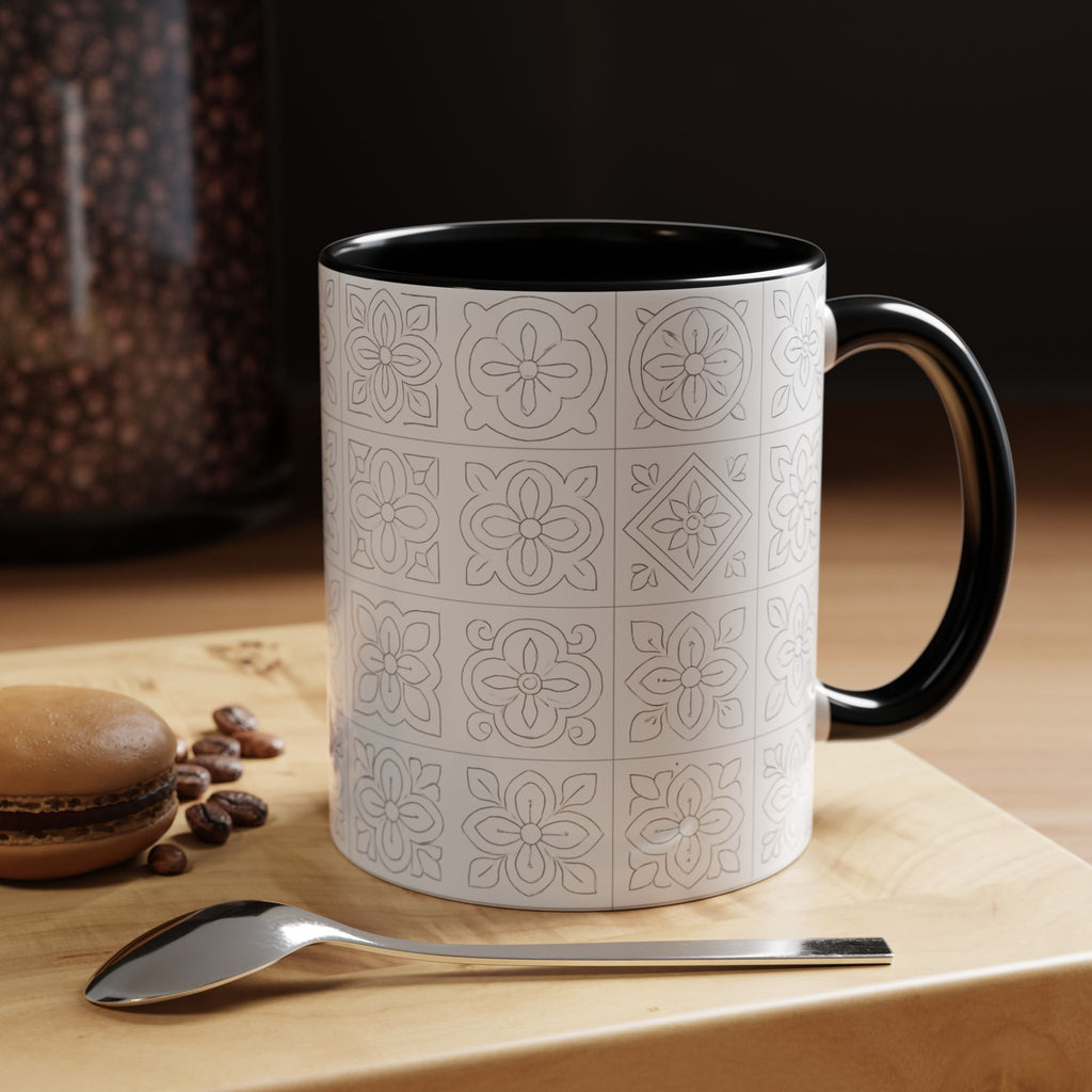 Ceramic Coffee Mug — Subtle Maltese Tile Pattern, Black Handle & Interior (11/15 oz)