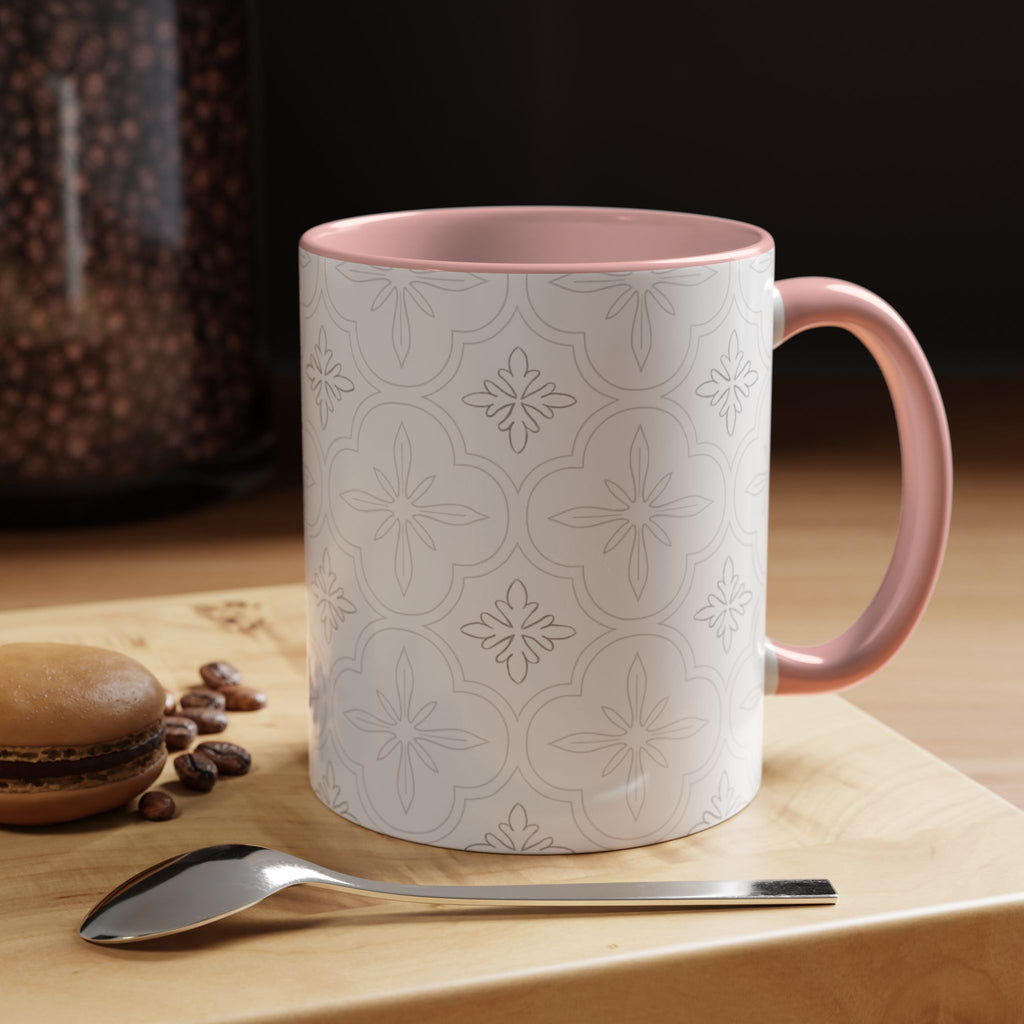Ceramic Coffee Mug — Subtle Tile Pattern, Pink Handle & Interior (11/15 oz)