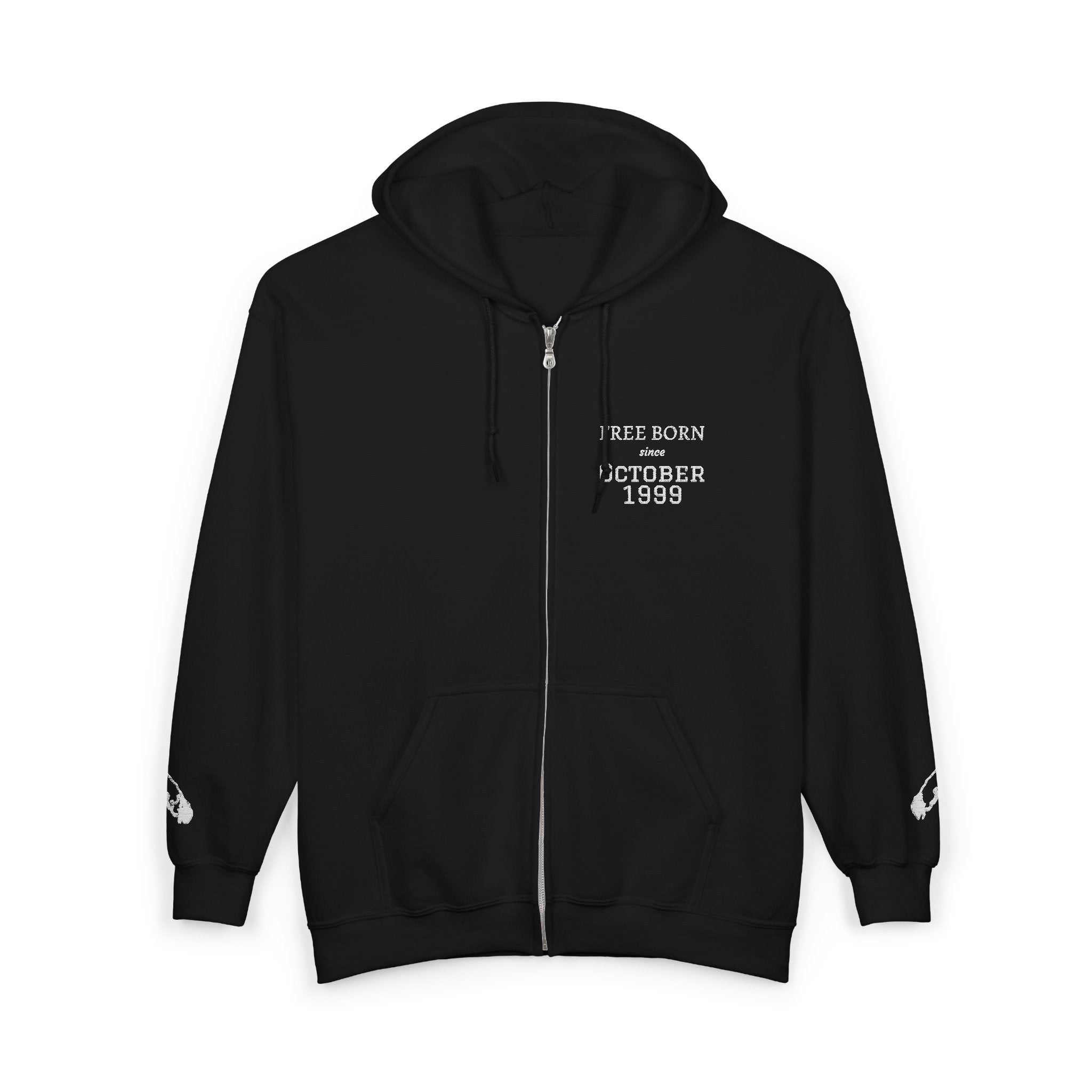 Custom “Free Born” Zip Hoodie – Cockatiel Back Graphic, Wing Embroidered Sleeves, Personalized Birth Month & Year