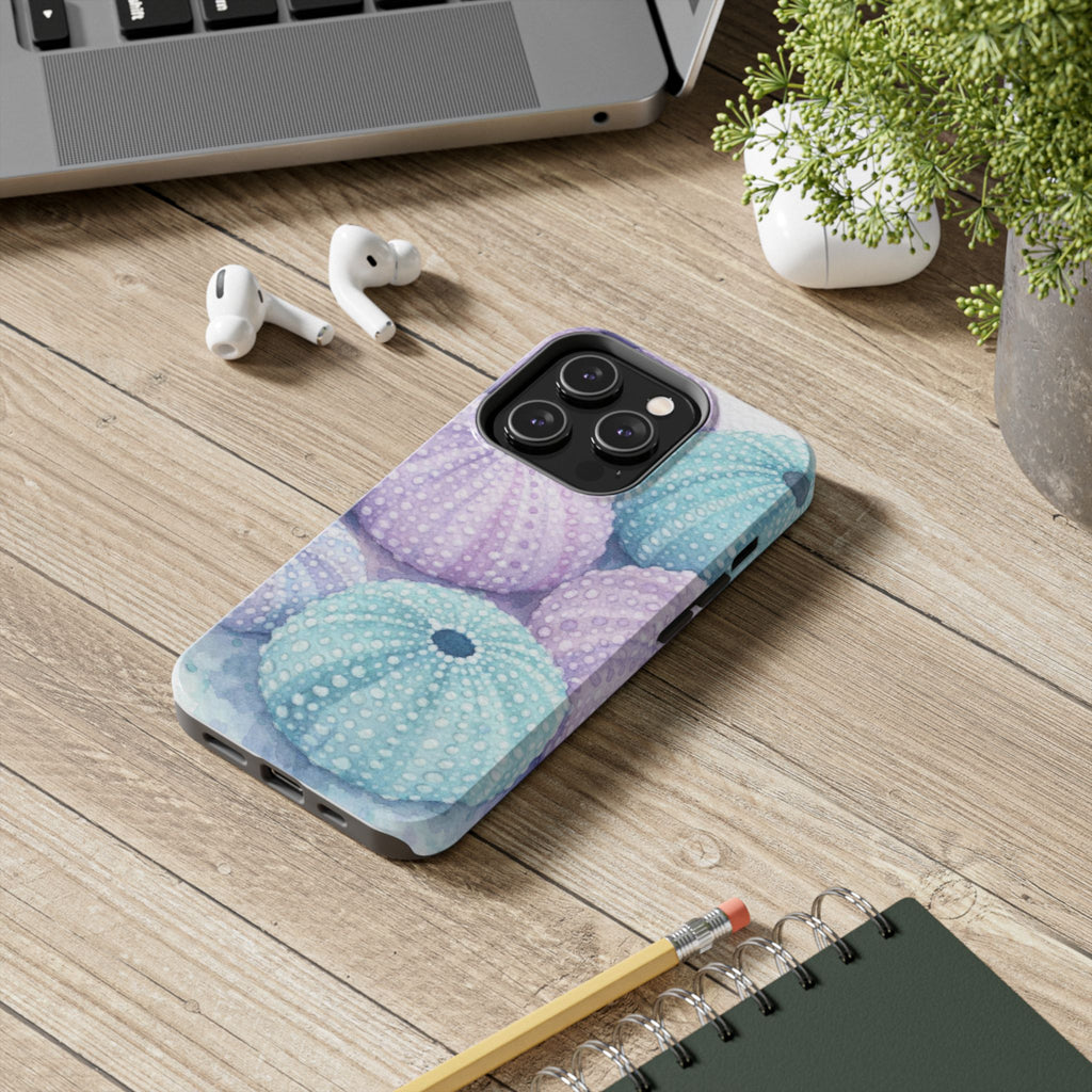Sea Urchin Pattern Tough Phone Case — Pastel Aqua & Lavender Coastal Design