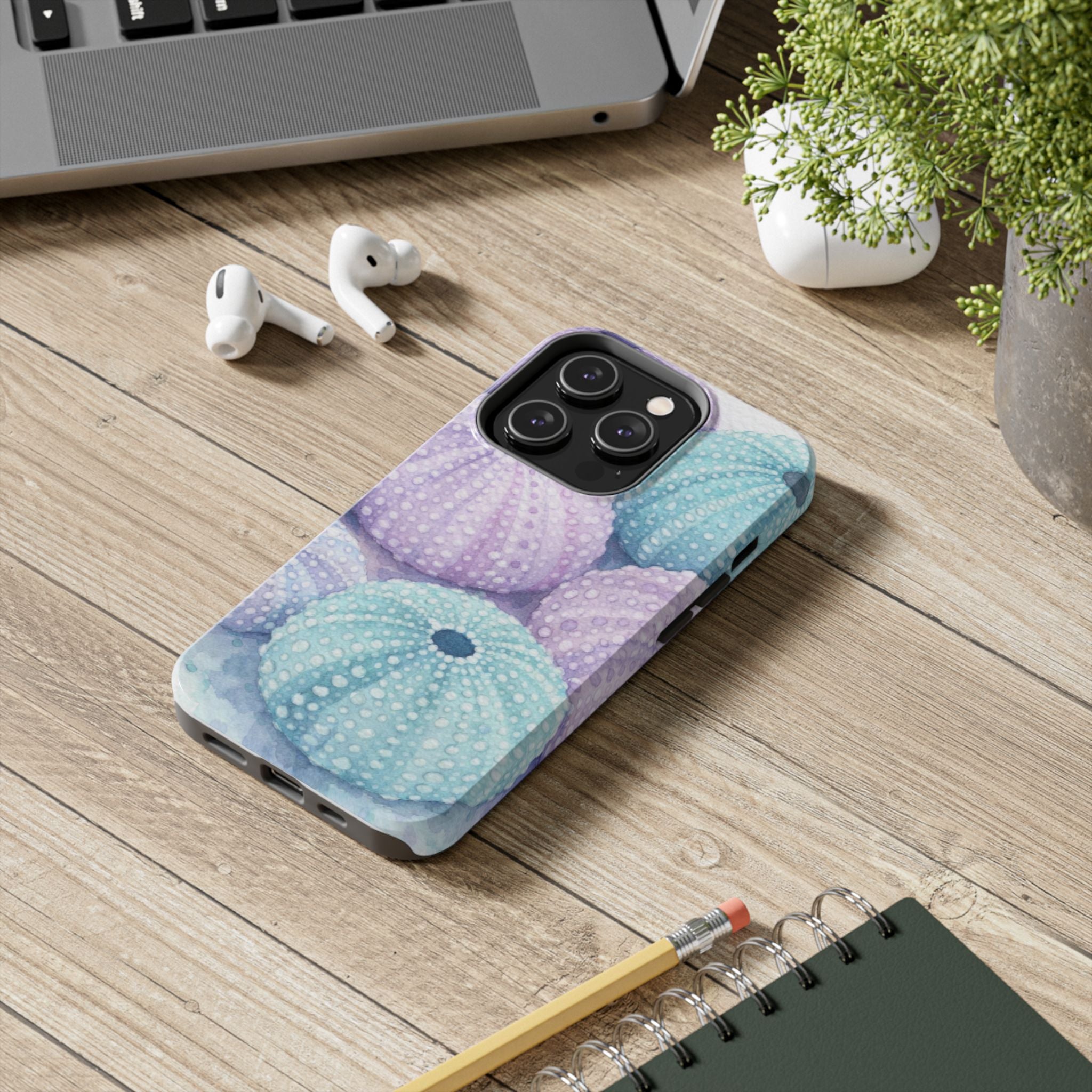 Sea Urchin Pattern Tough Phone Case — Pastel Aqua & Lavender Coastal Design