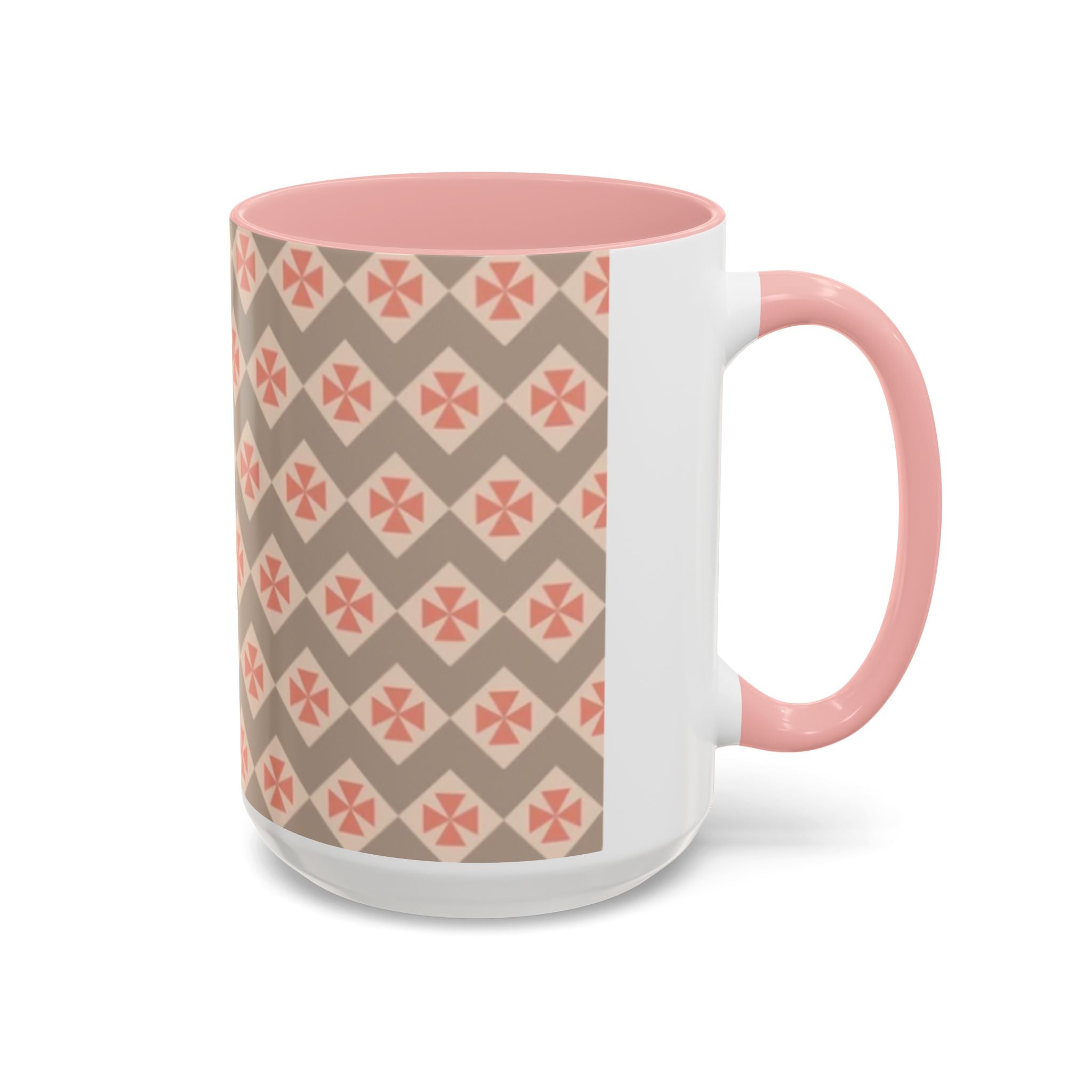 Ceramic Coffee Mug — Subtle Tile Pattern, Pink Handle & Interior (11/15 oz)