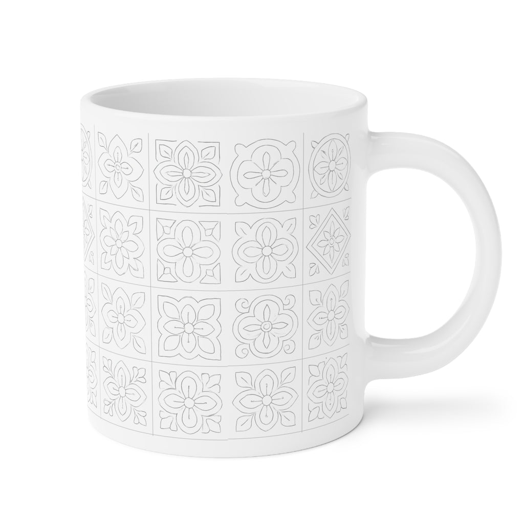 White Tile Pattern Ceramic Mug — Minimal Floral Mosaic Coffee Cup (11/15/20oz)