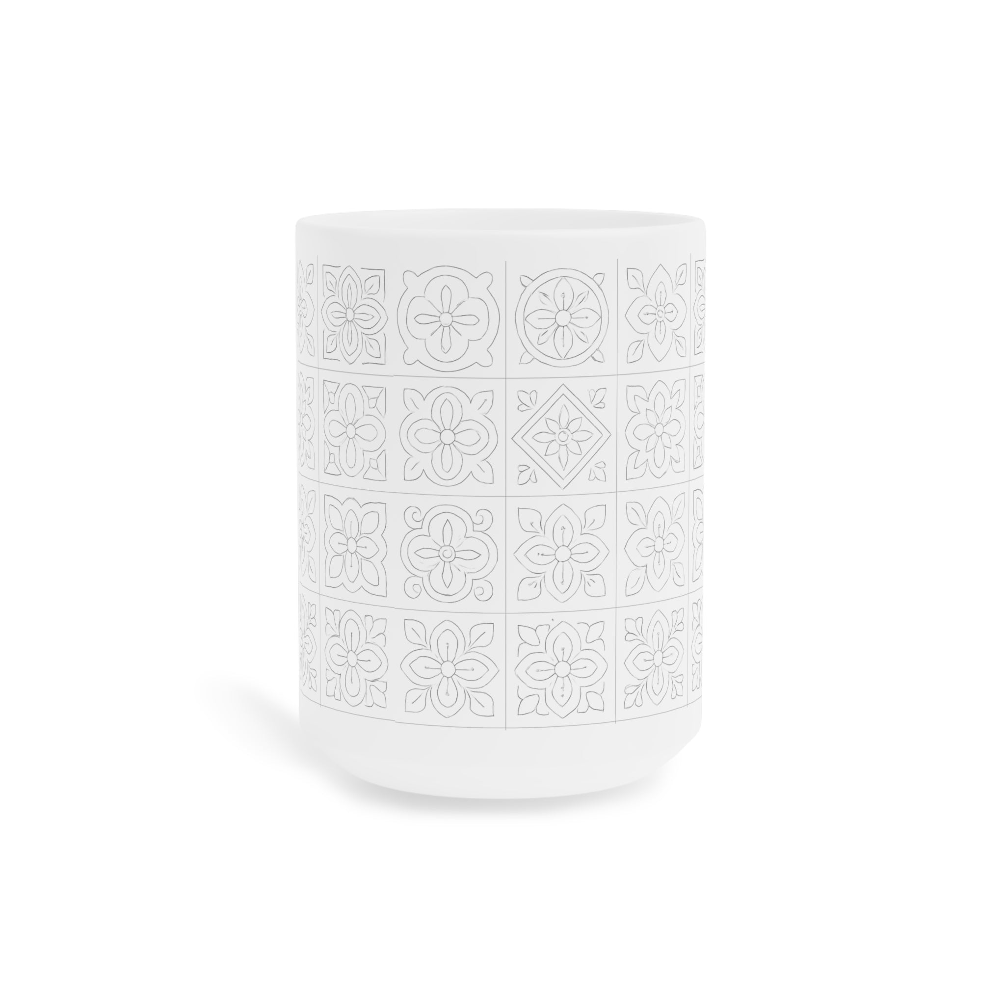 White Tile Pattern Ceramic Mug — Minimal Floral Mosaic Coffee Cup (11/15/20oz)