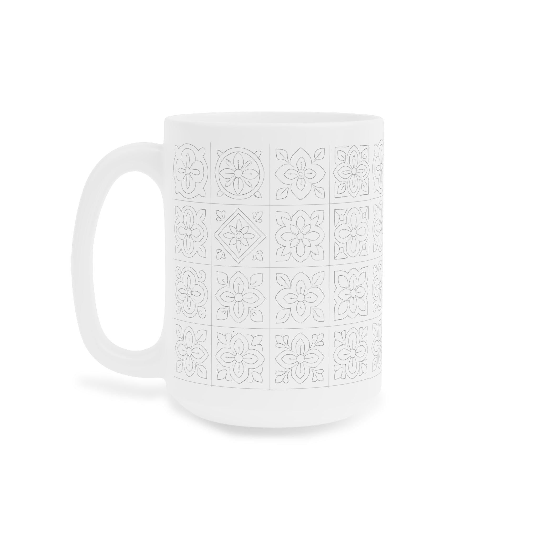 White Tile Pattern Ceramic Mug — Minimal Floral Mosaic Coffee Cup (11/15/20oz)