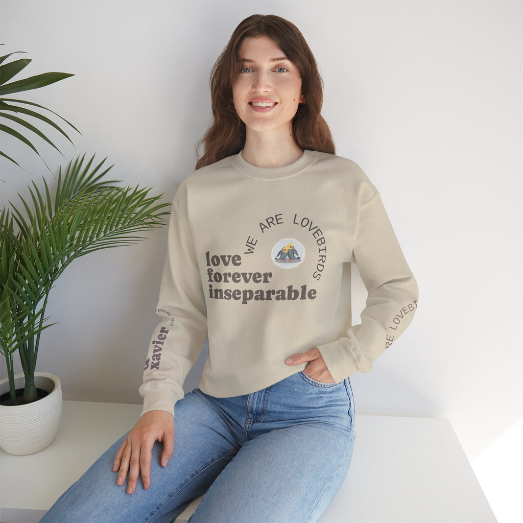 Cockatiel Couples Sweatshirt — "Love Forever Inseparable" Cute Bird Lover Crewneck — Couple names & date customizable