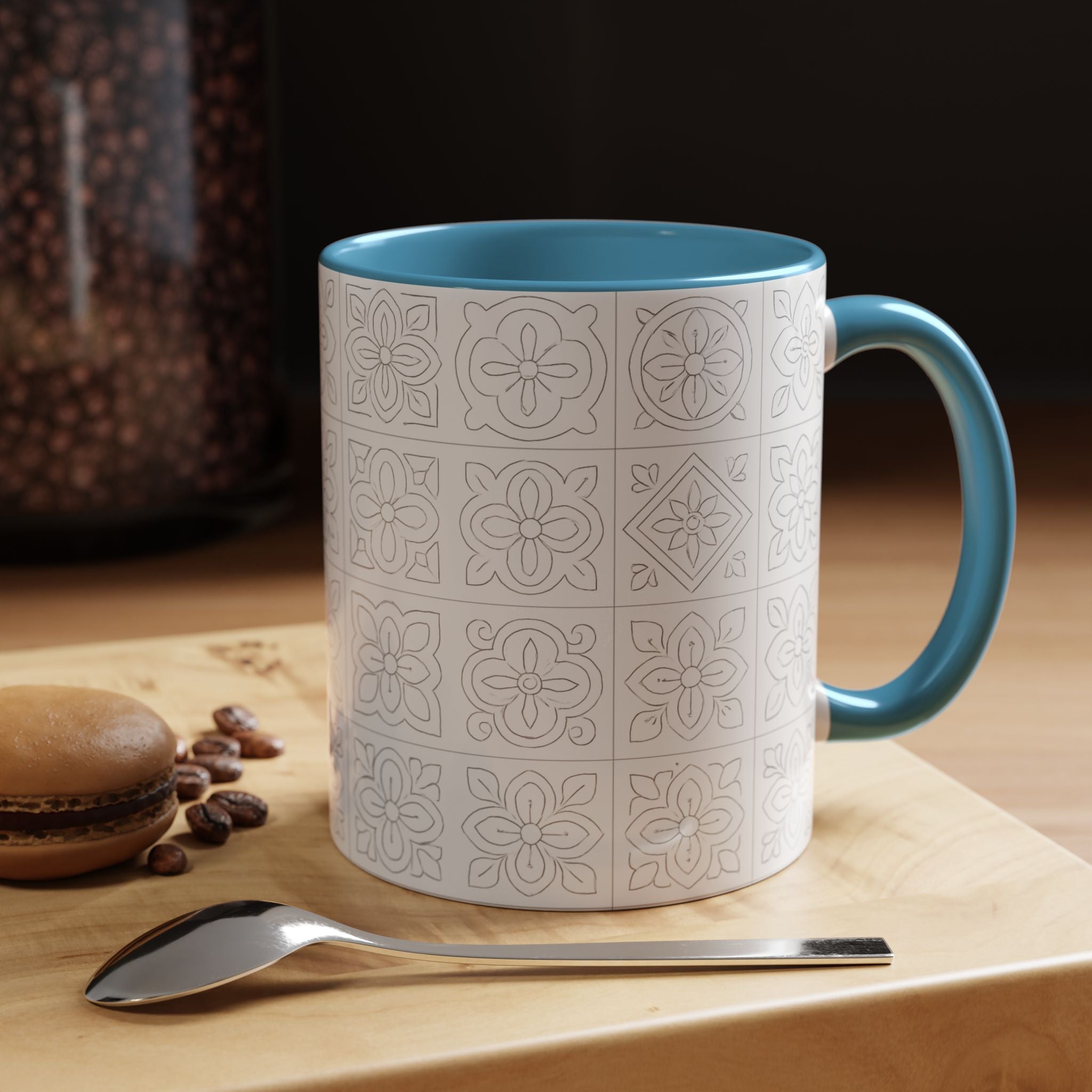 Ceramic Coffee Mug — Subtle Maltese Tile Pattern, Black Handle & Interior (11/15 oz)