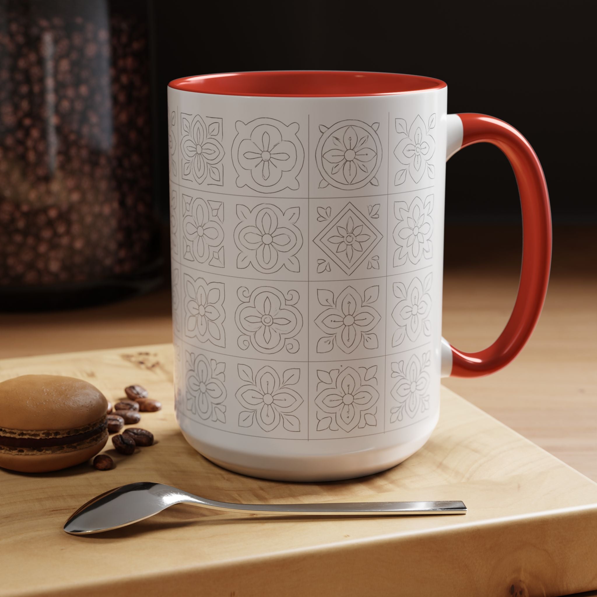 Ceramic Coffee Mug — Subtle Maltese Tile Pattern, Black Handle & Interior (11/15 oz)
