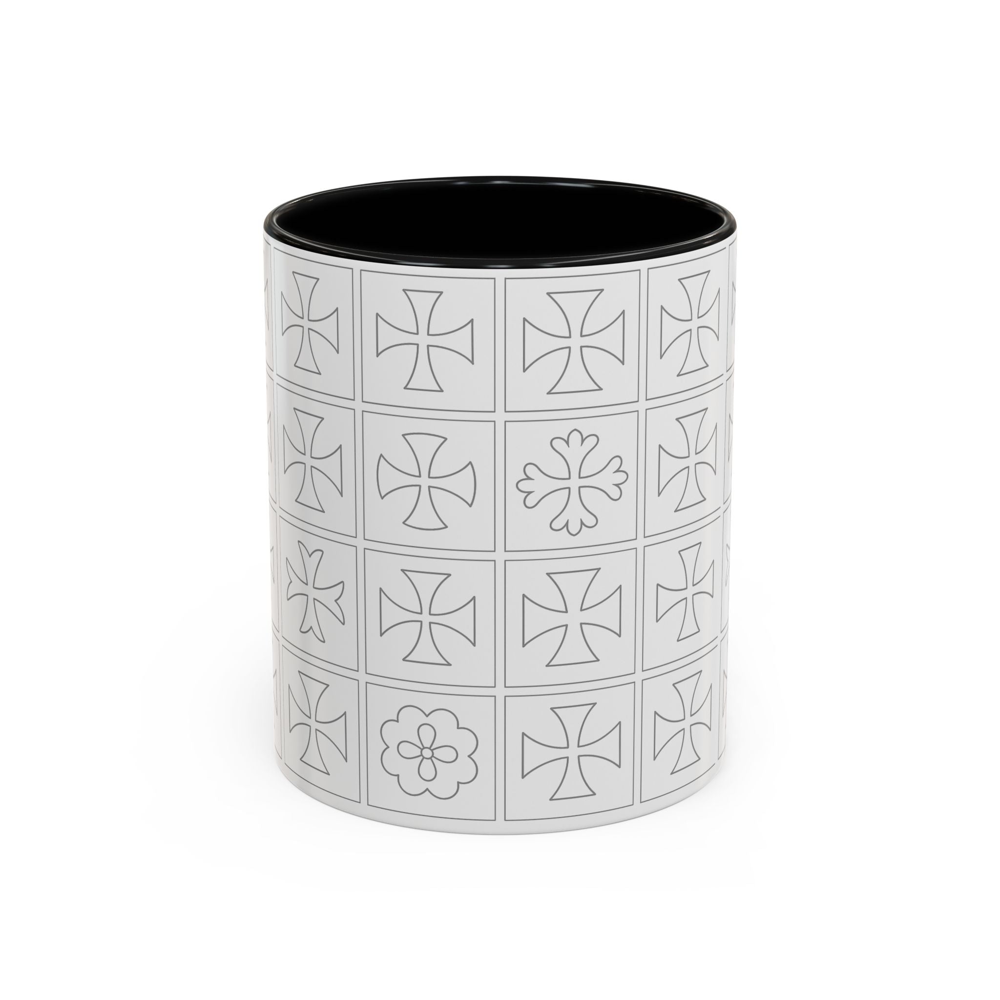 Ceramic Coffee Mug — Subtle Maltese Cross Tile Pattern, Black Handle & Interior (11/15 oz)
