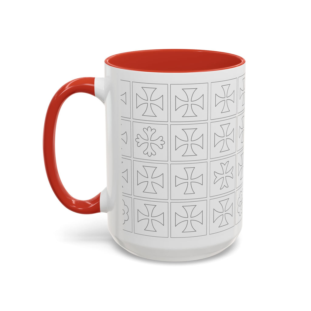 Ceramic Coffee Mug — Subtle Maltese Cross Tile Pattern, Black Handle & Interior (11/15 oz)