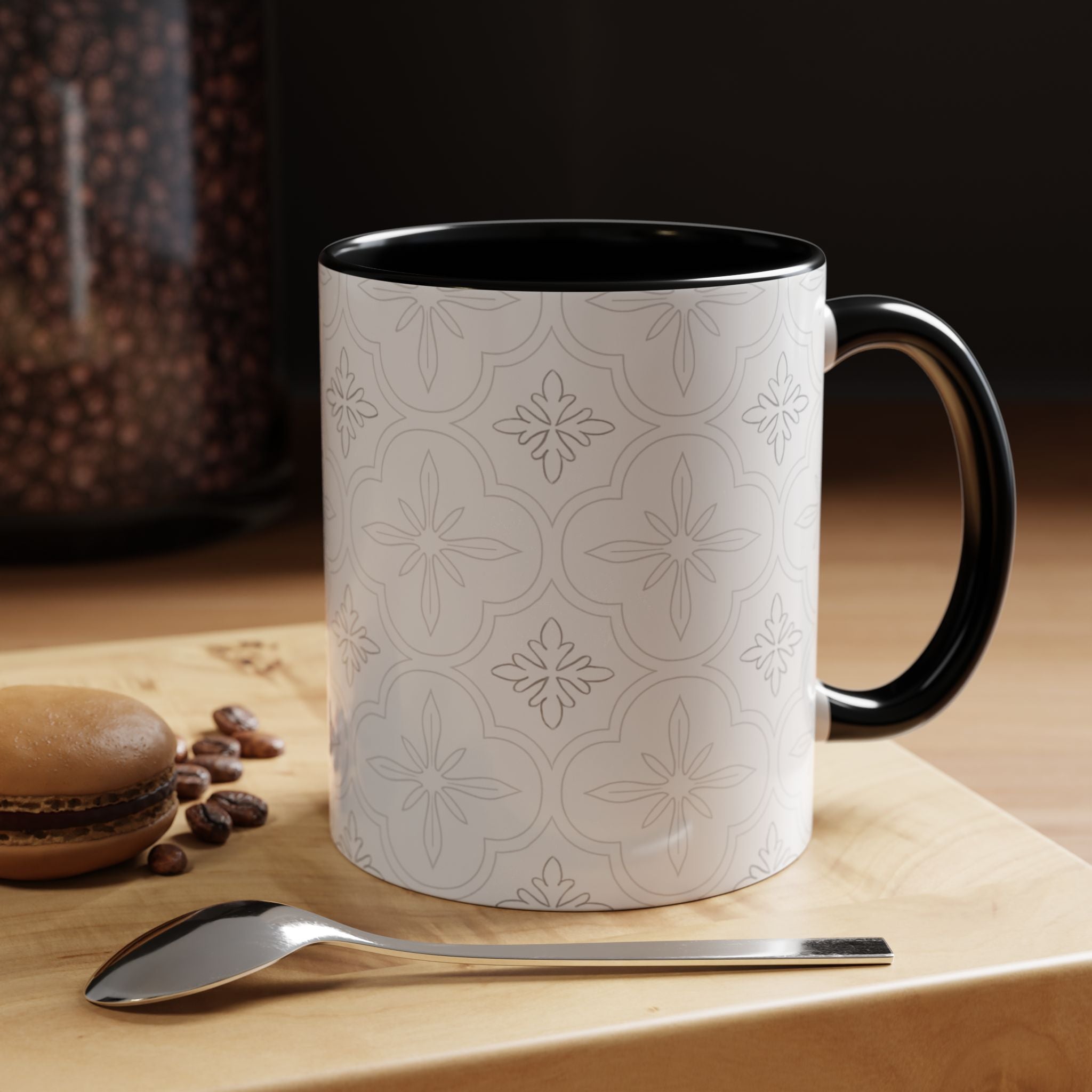 Ceramic Coffee Mug — Subtle Tile Pattern, Colored Handle & Interior (11/15 oz)