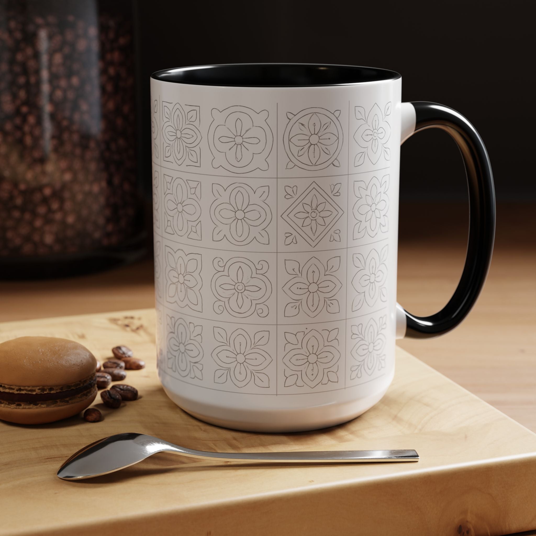 Ceramic Coffee Mug — Subtle Maltese Tile Pattern, Black Handle & Interior (11/15 oz)