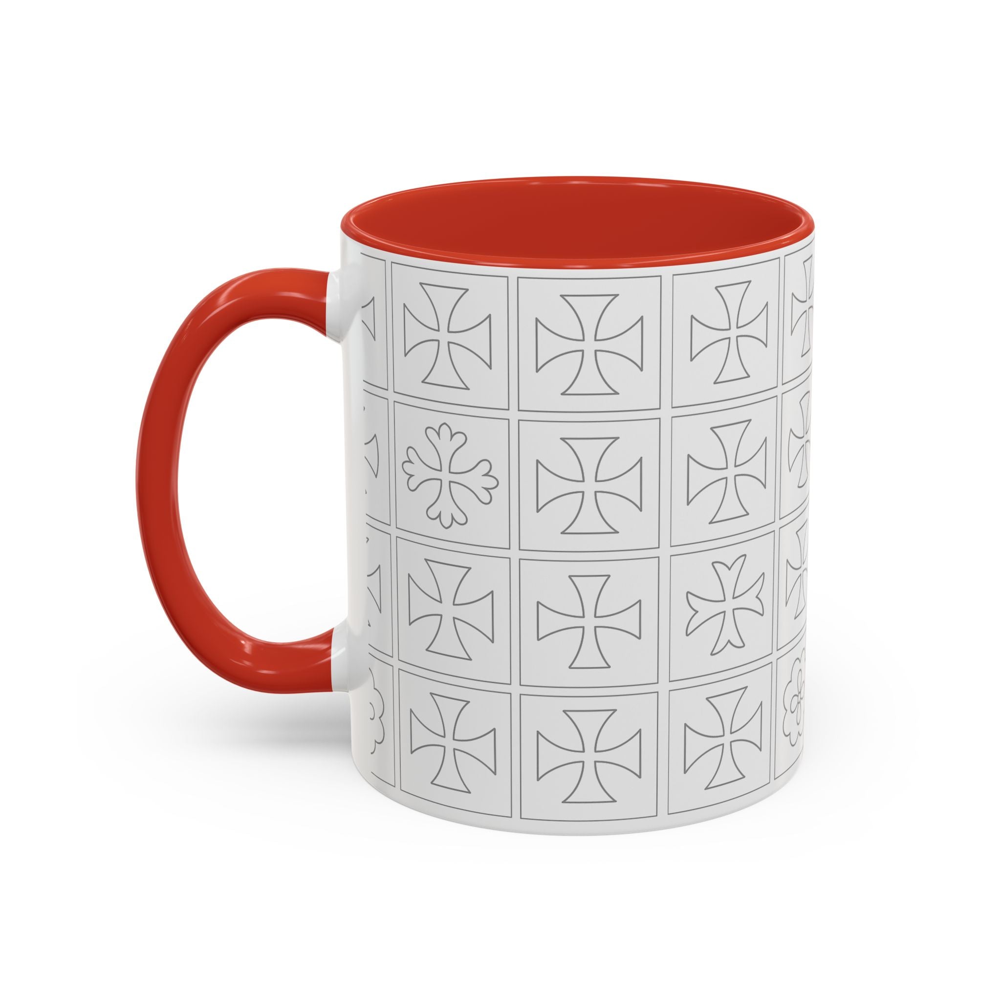 Ceramic Coffee Mug — Subtle Maltese Cross Tile Pattern, Black Handle & Interior (11/15 oz)