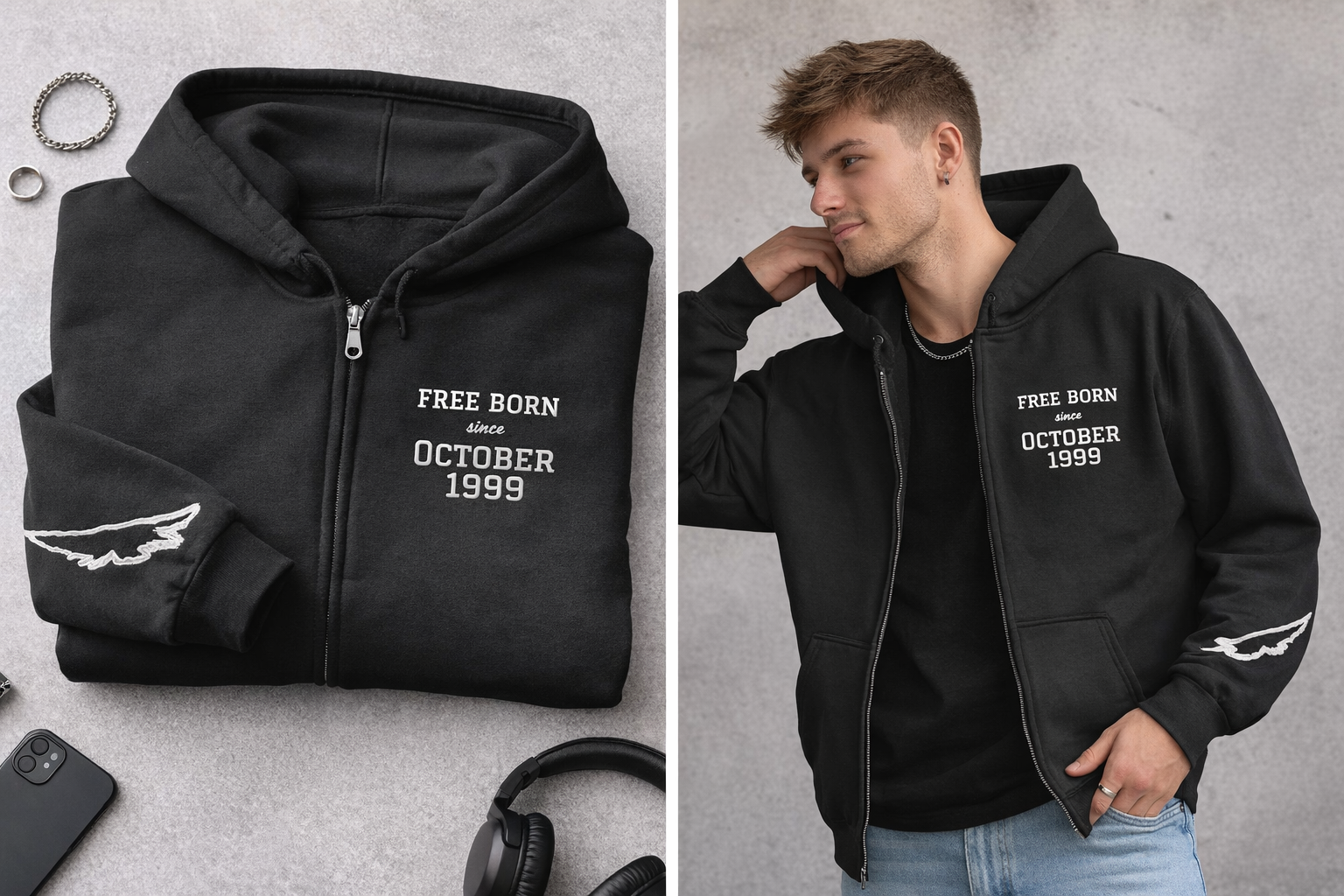 Custom “Free Born” Zip Hoodie – Cockatiel Back Graphic, Wing Embroidered Sleeves, Personalized Birth Month & Year