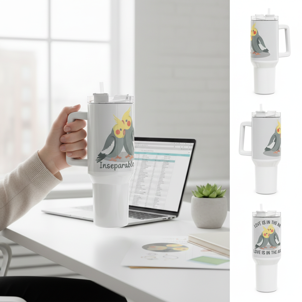 Tumbler — 'Inseparable' Cockatiel Couple Travel Mug, Love Is In The Air (40oz - 1.18 litres)