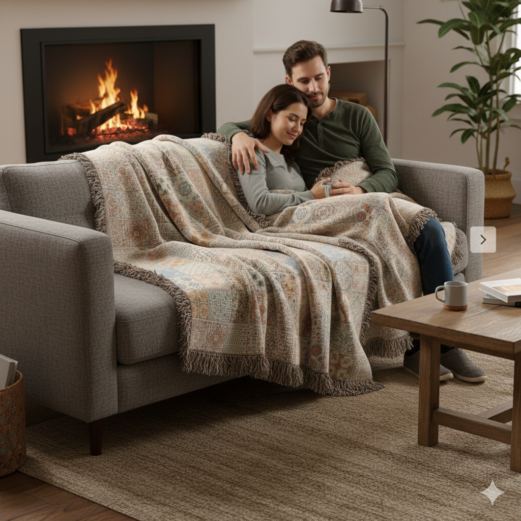 Maltese Tile Woven Throw Blanket | Reversible Cotton Patchwork Blanket with Fringe | Neutral Boho Mediterranean Home Decor